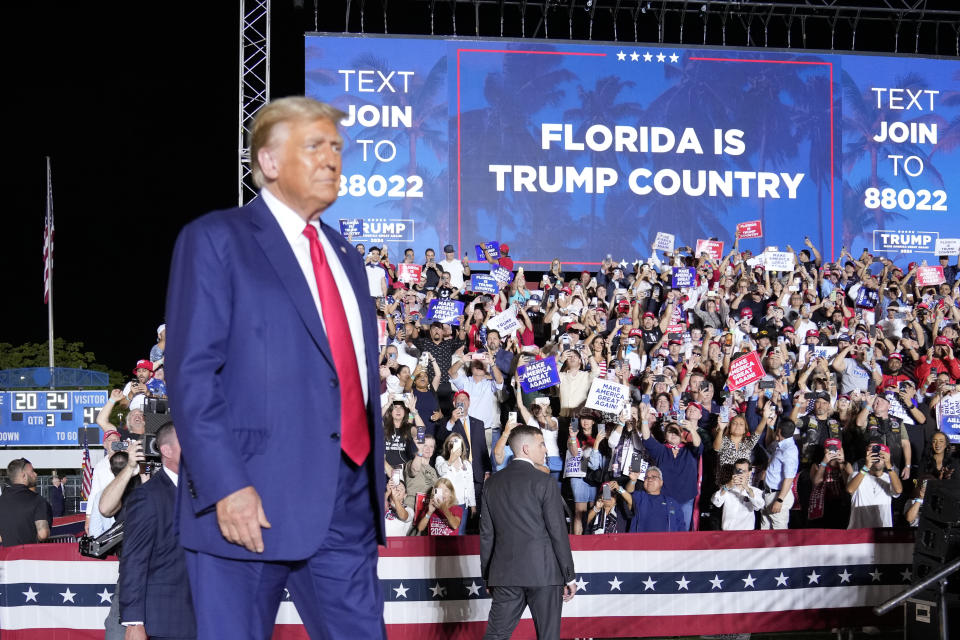 Former President Donald Trump arrives to speak at a campaign rally in Hialeah, Fla., Wednesday, Nov. 8, 2023. (AP Photo/Lynne Sladky)