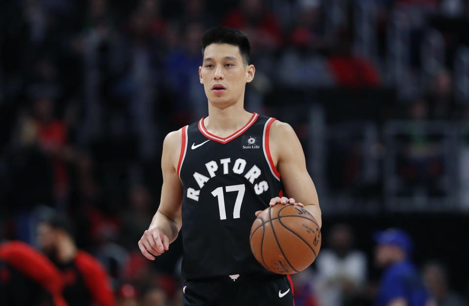 Toronto Raptors guard Jeremy Lin brings the ball up court during the first half of an NBA basketball game, Sunday, March 17, 2019, in Detroit. (AP Photo/Carlos Osorio)