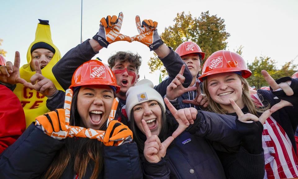 Fans cheer during ESPN's College GameDay college football show at the University of Utah in Salt Lake City, Saturday, Oct. 28, 2023. (Chris Samuels/The Salt Lake Tribune via AP)