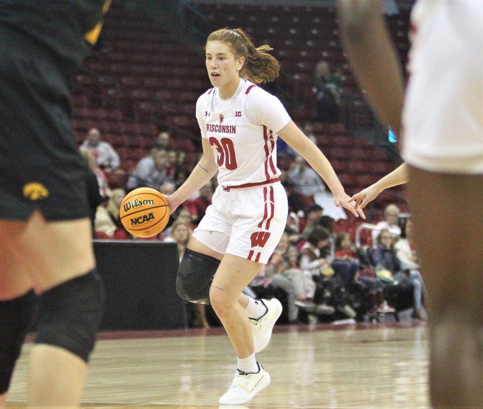 Wisconsin's Sydney Hilliard handles the ball during the team's game against Iowa at the Kohl Center in Madison, Wis. on Sunday Dec. 4, 2022.