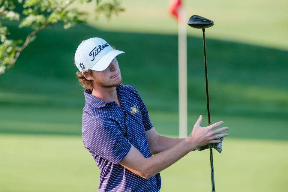 Carter Mishler tracks his first drive during the First National Bank Junior Golf Tour, Thursday, July 21 at Wilkshire Golf Course in Bolivar.