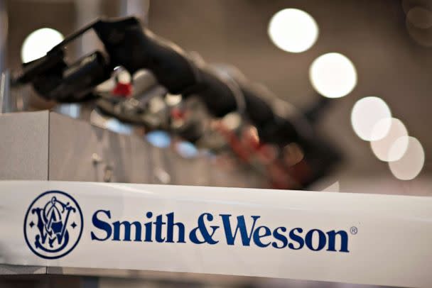 PHOTO: In this April 9. 2015, file photo, a Smith & Wesson Holding Corp. logo appears on tape surrounding the company's booth on the exhibition floor ahead of the 144th National Rifle Association (NRA) Annual Meetings and Exhibits in Nashville, Tenn. (Bloomberg via Getty Images, FILE)