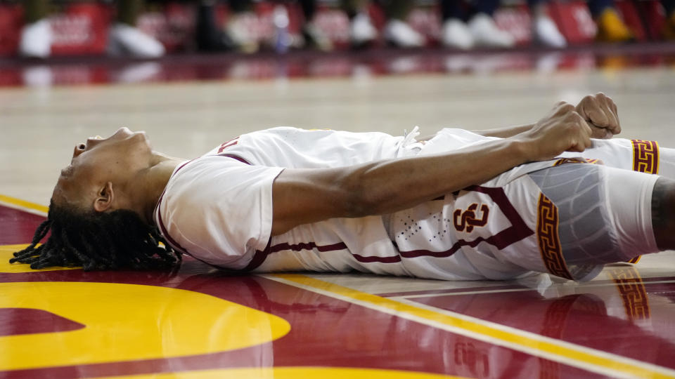 Southern California guard Boogie Ellis celebrates after scoring against Arizona State during the second half of an NCAA college basketball game Saturday, March 4, 2023, in Los Angeles. (AP Photo/Marcio Jose Sanchez)