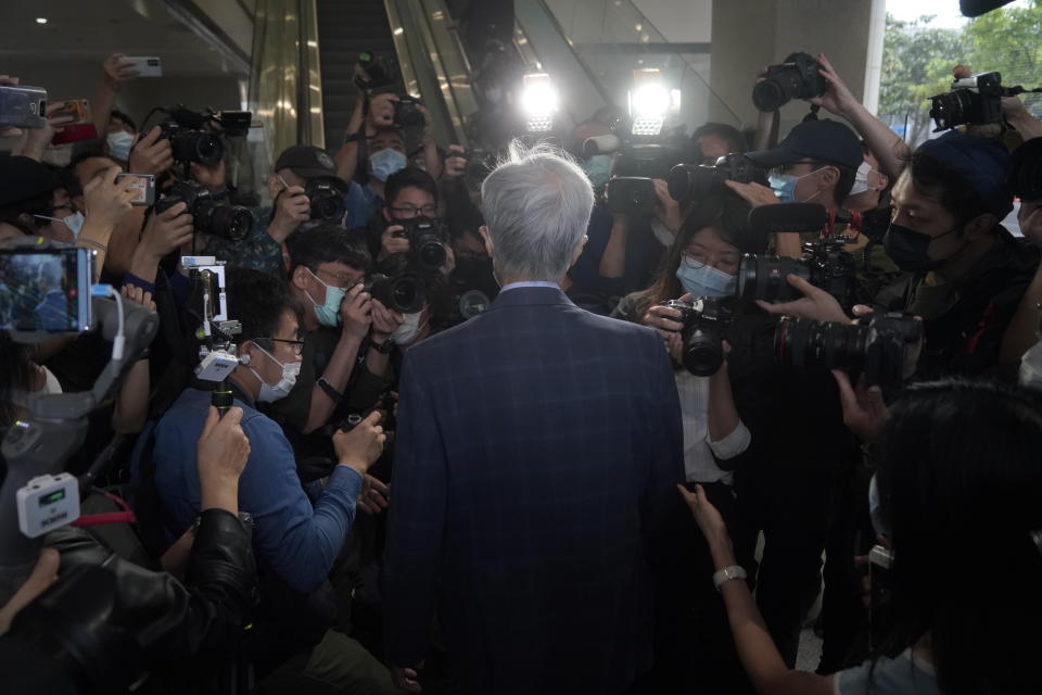 Pro-democracy activist Martin Lee, center, arrives at a court in Hong Kong Friday, April 16, 2021. Seven of Hong Kong’s leading pro-democracy advocates, including Lee and pro-democracy media tycoon Jimmy Lai, are expected to be sentenced Friday for organizing a march during the 2019 anti-government protests that triggered an overwhelming crackdown from Beijing. (AP Photo/Kin Cheung)