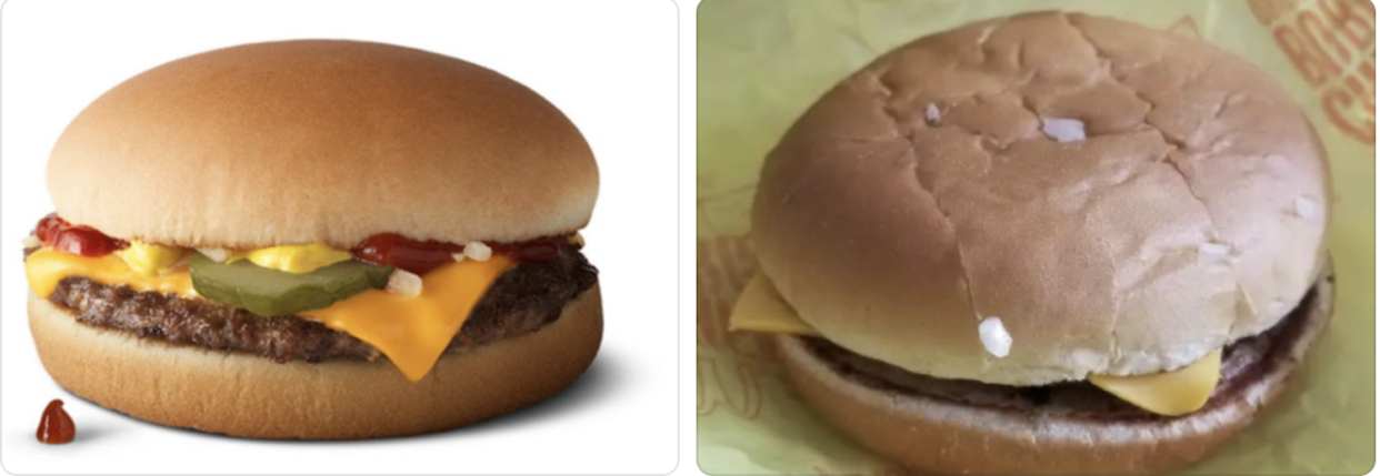 McDonald's cheeseburger advertised versus real life. Image: Complaint