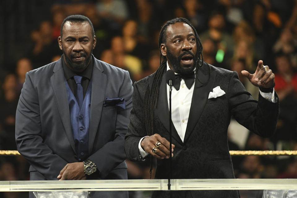 NEW YORK, NY - APRIL 6: Booker T and Stevie Ray Harlem Heat at the 2019 WWE Hall Of Fame Ceremony at the Barclay's Center in Brooklyn, New York City on April 6, 2019. Credit: George Napolitano/MediaPunch /IPX