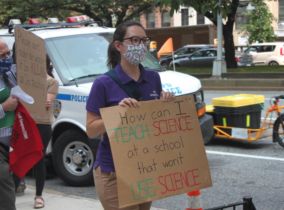 A teacher protests Hunter College Campus Schools' planned reopening outside its Upper East Side building, Sept. 16, 2020. (Nick Garber/Patch)