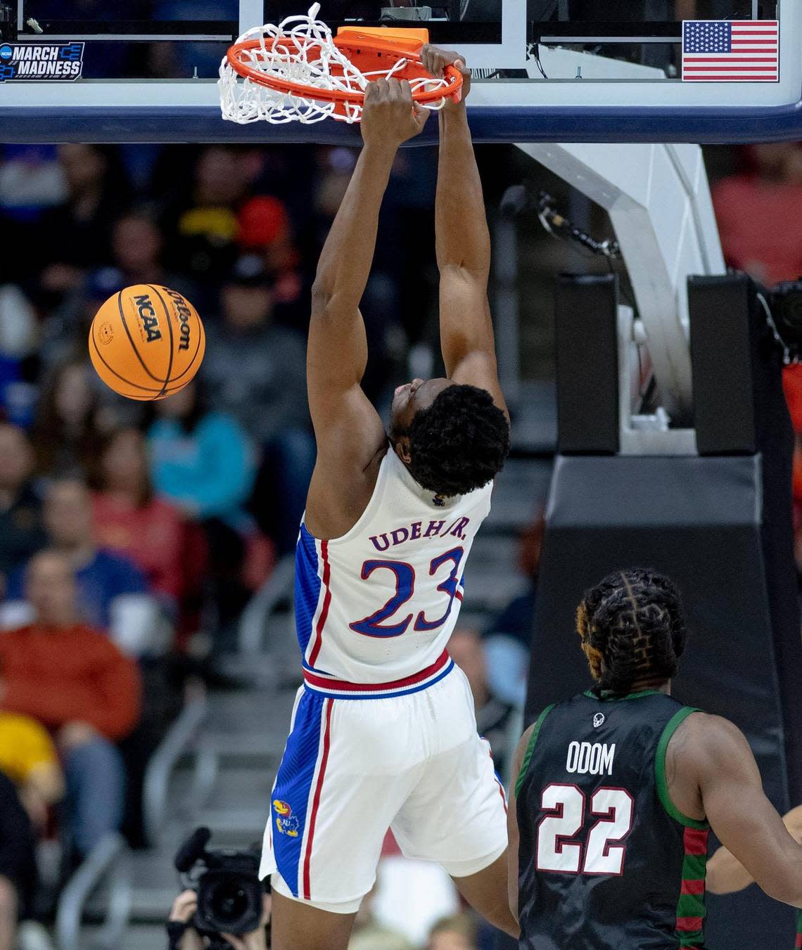 Kansas center Ernest Udeh Jr. (23) dunks the ball against Howard during a first-round college basketball game in the NCAA Tournament Thursday, March 16, 2023, in Des Moines, Iowa.