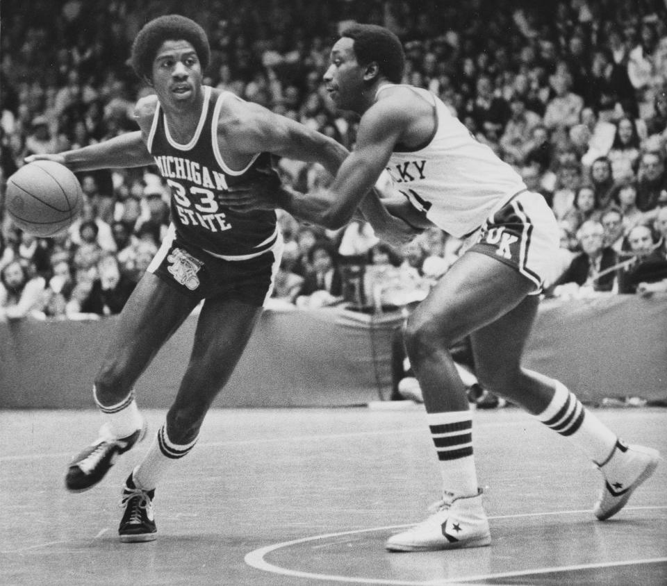 Magic Johnson (left) shown during Michigan State's March 18, 1978 NCAA Mideast Regional Final against Kentucky.