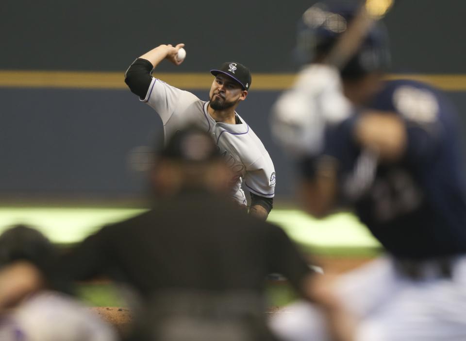 Colorado Rockies starting pitcher Antonio Senzatela throws during the first inning of Game 1 of the National League Divisional Series baseball game against the Milwaukee Brewers Thursday, Oct. 4, 2018, in Milwaukee. (AP Photo/Dylan Buell, pool)