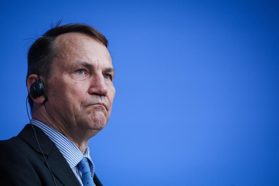 Polish Foreign Minister Radoslaw Sikorski looks on during a joint press conference as part of the Weimar Triangle talks with his German and French counterparts in eastern Germany (AFP via Getty Images)