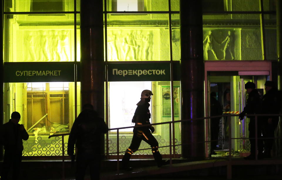 <p>Firefighters seen by the Perekrestok supermarket in Kalinina Square, St. Petersburg, Russia on Dec. 27, 2017. An explosion inside the store has injured several people. (Photo: Alexander Demianchuk/TASS via Getty Images) </p>