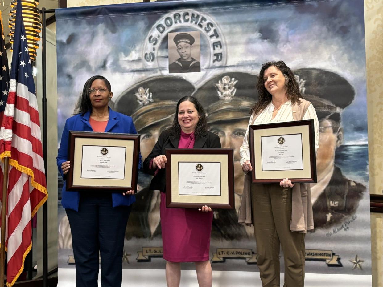 From left, Samantha Dorm, Jenny De Jesus Marshall and Tina Charles were honored with the Legion of Honor Award for living the values of the Four Chaplains May 8, 2024.