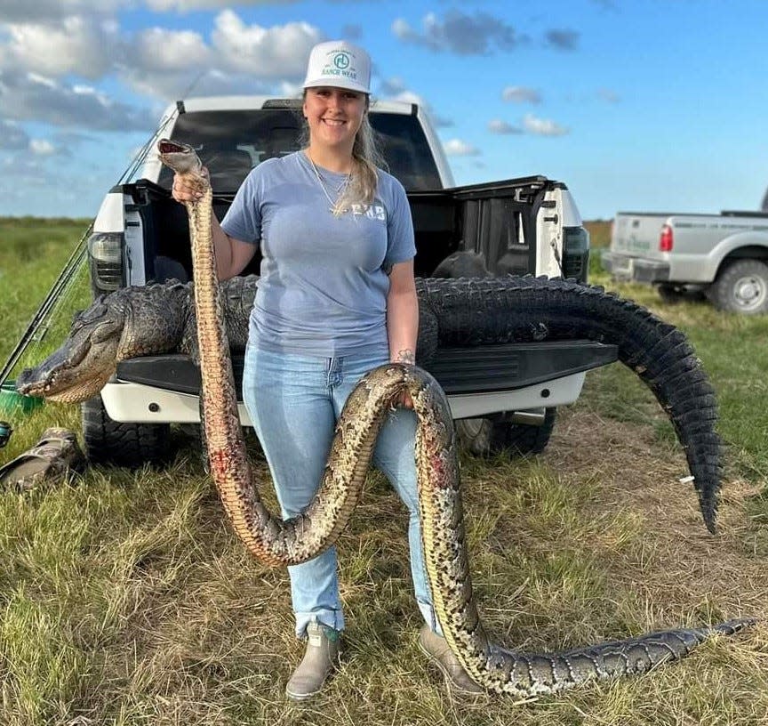 Kaylee Stillwaggon of Vero Beach found a 12-foot long male python at T.M Goodwin WMA while hunting alligators Oct. 30, 2023.