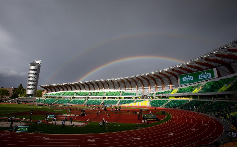 A pair of rainbows arc over Hayward Field Friday, May 6, 2022, during the 2022 Oregon Twilight meet at Hayward Field in Eugene.
