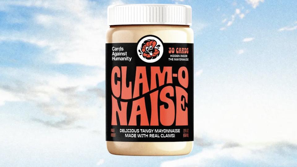 A jar of Cards Against Humanity's Clam-O-Naise clam-flavored mayo