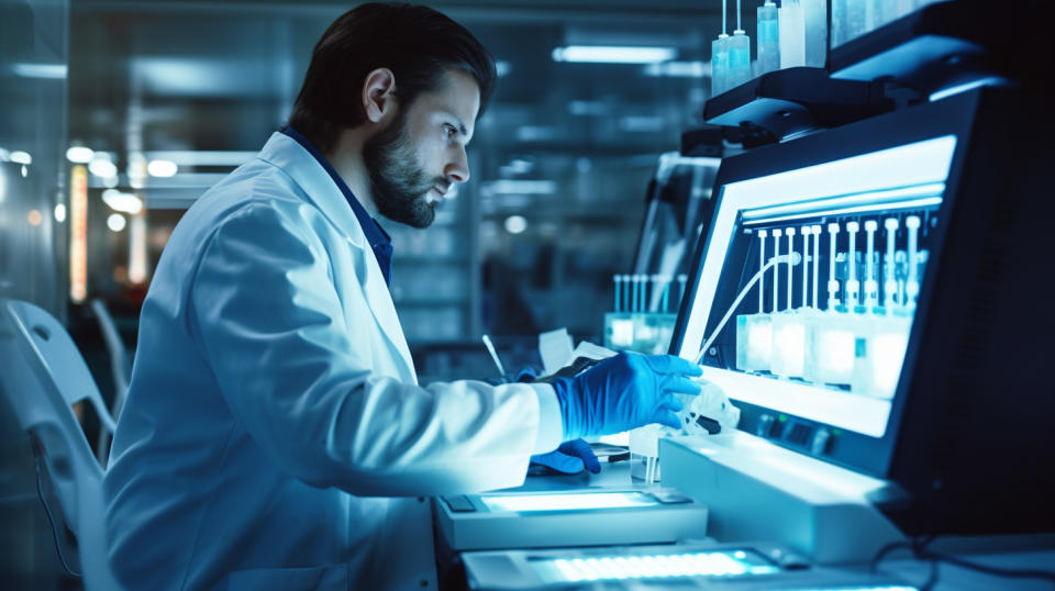 A medical technician working with a flow cytometer, observing cell analysis samples.