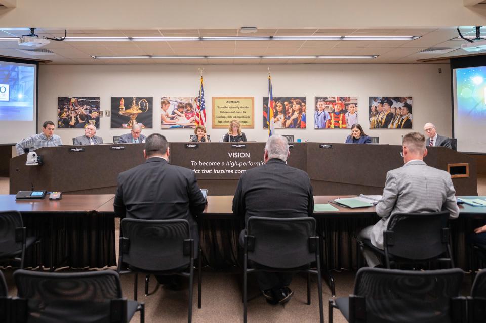 The Pueblo School District 60 board of education listen to a report from representatives of Chavez Huerta K-12 Preparatory Academy on Tuesday, January 30, 2024.