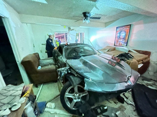 Escambia County Fire Rescue, EMS and Florida Highway Patrol responded to a Brent home Monday, April 8, 2024, after a vehicle drove through the living room of the house. The occupants will be displaced until repairs can be made.