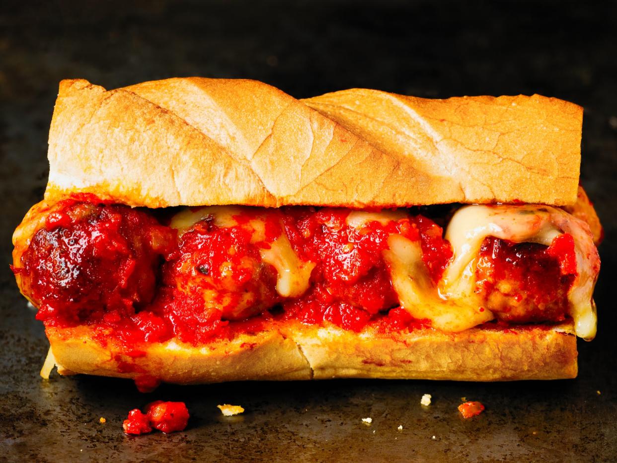 close up of rustic american italian meatball sandwich