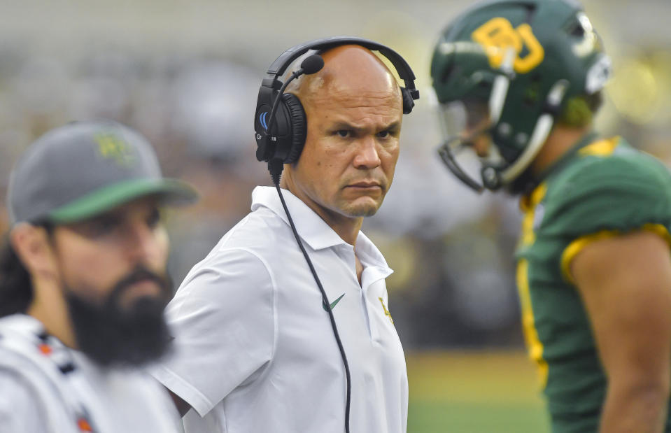 WACO, TX - SEPTEMBER 16: Baylor Bears coach  Dave Aranda during a second quarter timeout of a college football game between the Long Island Sharks and Baylor Bears on Saturday, September 16, 2023 at McLane Stadium in Waco, TX. (Photo by Austin McAfee/Icon Sportswire via Getty Images)