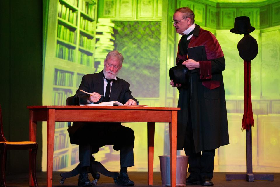 The Mansfield Playhouse production of "A Christmas Carol" features all the favorite charactors including Ebenezer Scrooge, Bob Cratchit, Tiny Tim, as well as all the ghosts of Christmas Past, Present and Future.