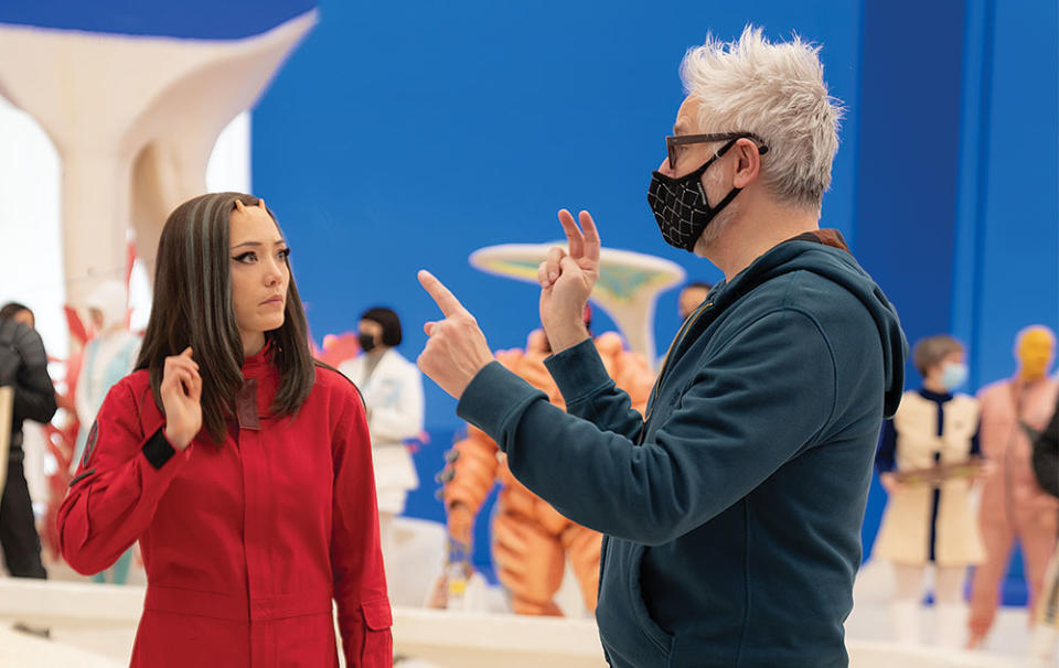 James Gunn on the set of Vol. 3. with Pom Klementieff. When she heard, after Vol. 2, that he’d been fired from the franchise, she burst into tears and cut a Comic-Con appearance short.