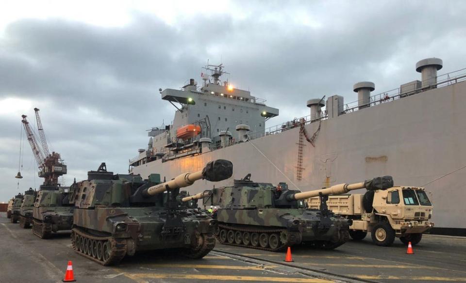 M109A6 Paladins of the Utah Army National Guard are staged for movement from the port in Agadir, Morocco, to training areas where they will be used as part of African Lion 20, the largest exercise in Africa