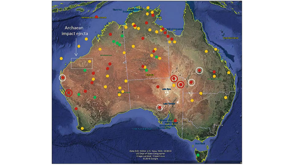 map of the country australia with red, green and yellow dots showing circular formations