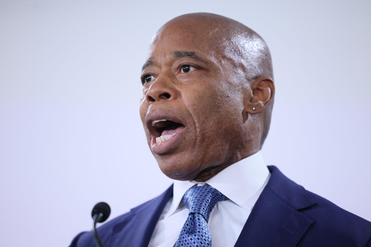 Mayor Eric Adams speaks during a press conference at the office of the District Attorneys on February 08, 2024 in New York City. Adams was accused of sexual assault in Adult Survivors Act lawsuit.