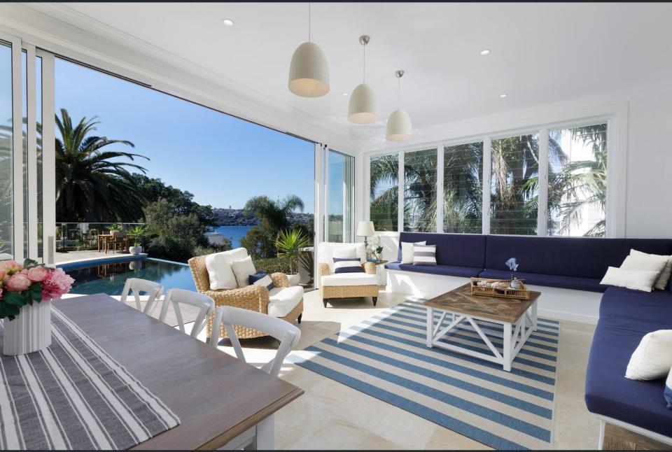 Mia Freedman's lounge with Sydney Harbour views of her Point Piper home