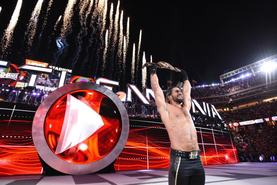 WWE World Heavyweight Champion Seth Rollins celebrates at WrestleMania 31. (Photo: AP/Business Wire)