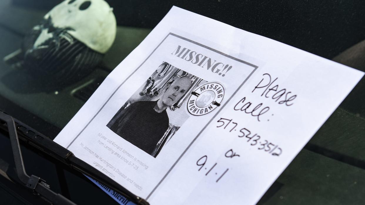 A flier affixed to a car window at Plumtree Apartments in Delta Township, with information about Richard Johnson, who has been missing since May 7. He reportedly left an apartment there and was last seen headed east toward neighboring Delta Square Apartments where he resides. The family ask anyone with information to call the Eaton County Sheriff's Office or 911.