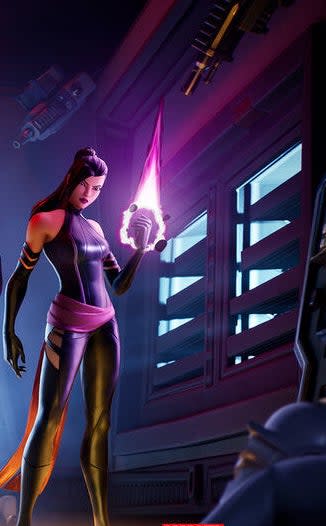 Psylocke's Fortnite skin poses with her hand glowing purple