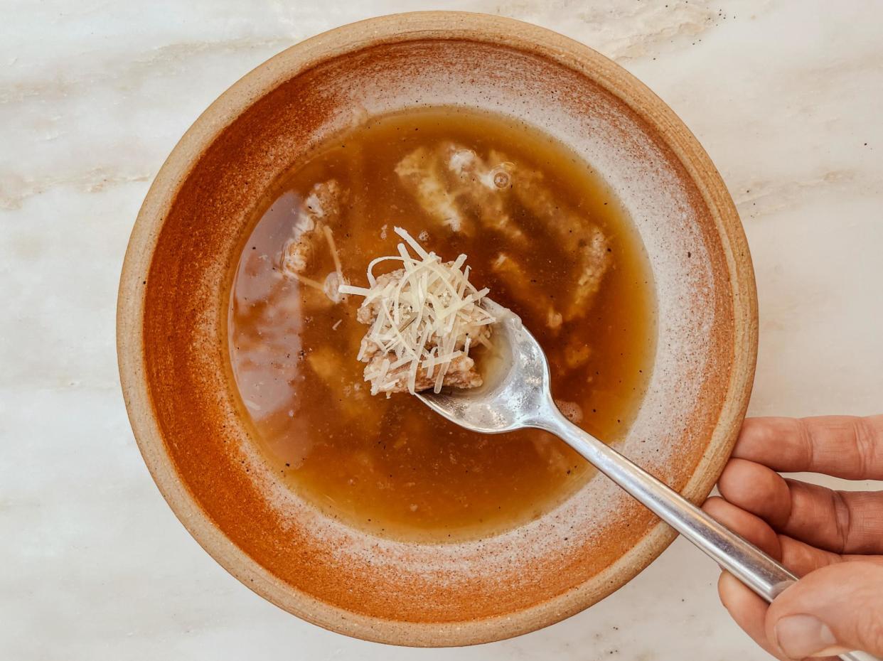 <span>Cheesy, lemony, moreish, thrifty: Tom Hunt's <em>passatelli in brodo</em>.</span><span>Photograph: Tom Hunt/The Guardian</span>