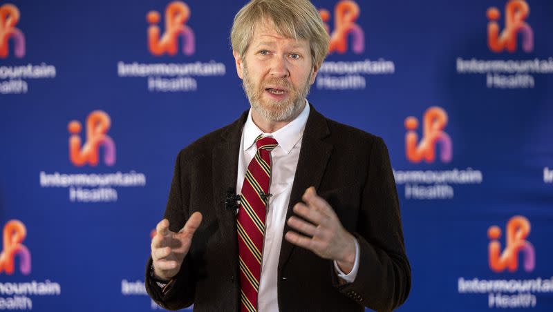 Dr. Samuel Brown, vice president for research at Intermountain Health, talks about Intermountain being selected as one of six health systems in the U.S. to lead a national effort to improve patient outcomes for the most common conditions found in critically ill patients, at a press conference in Murray on Tuesday, July 11, 2023.