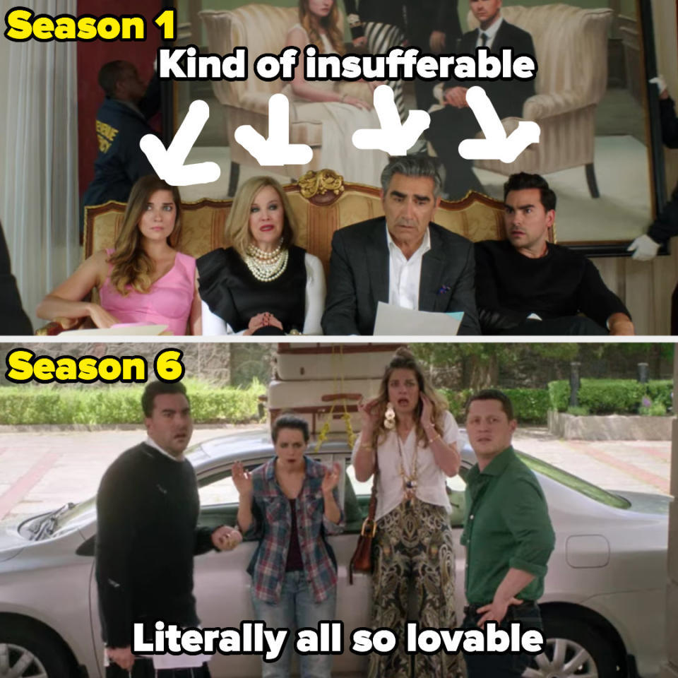 the Roses in season 1 labeled "kind of insufferable" and Alexis, David, Patrick, and Stevie in Season 6 labeled "literally all so lovable"