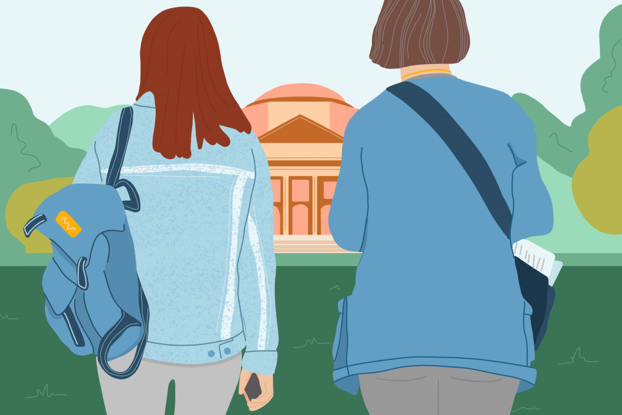 illustration of rear view of mother and daughter standing on college campus