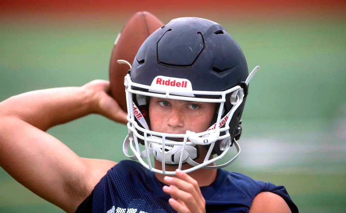 Olympia senior quarterback Gabe Downing is back to lead the Bears offense. He is shown during football practice at Ingersoll Stadium in Olympia, Washington on Friday, Aug. 19, 2022.