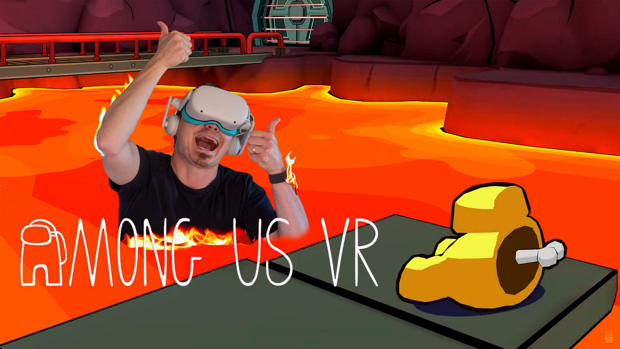  A photoshop of the author wearing a Quest headset, sinking into lava on the new Among Us VR map Polus Point, next to a dead crewmate body. 