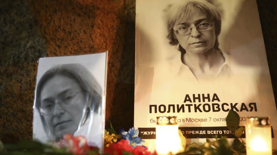 A memorial to honor Anna Politkovskaya, a journalist who was shot dead in the elevator of her apartment block in 2006. - David Frenkel'/Kommersant/Sipa/AP