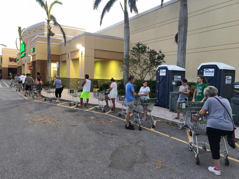 At least 100 people lined up for ice and water Sunday morning before Publix opened in Cape Coral's Coral Pointe Shopping Center. The good news: A store manager said there was enough for all.