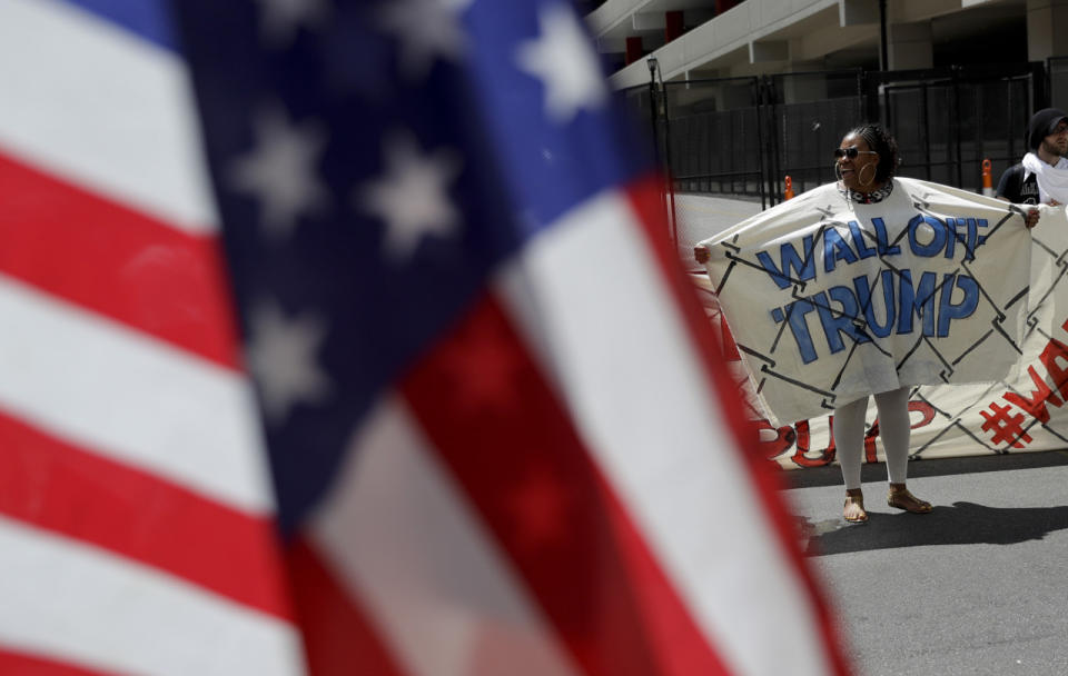 Protesting Republican presidential candidate Donald Trump