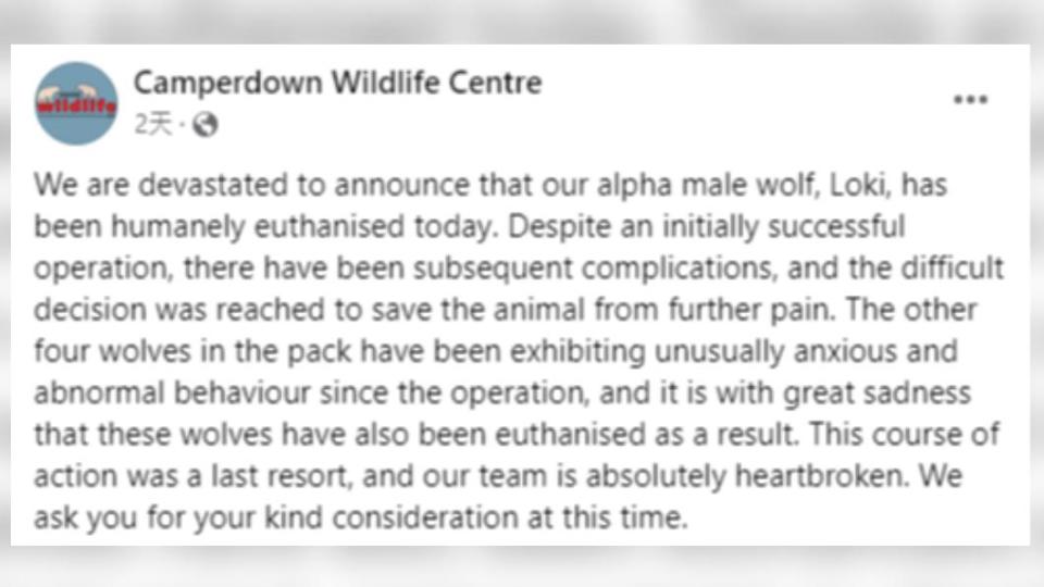 園方宣布狼隻遭到安樂死的消息。（圖／翻攝自Camperdown Wildlife Centre FACEBOOK）