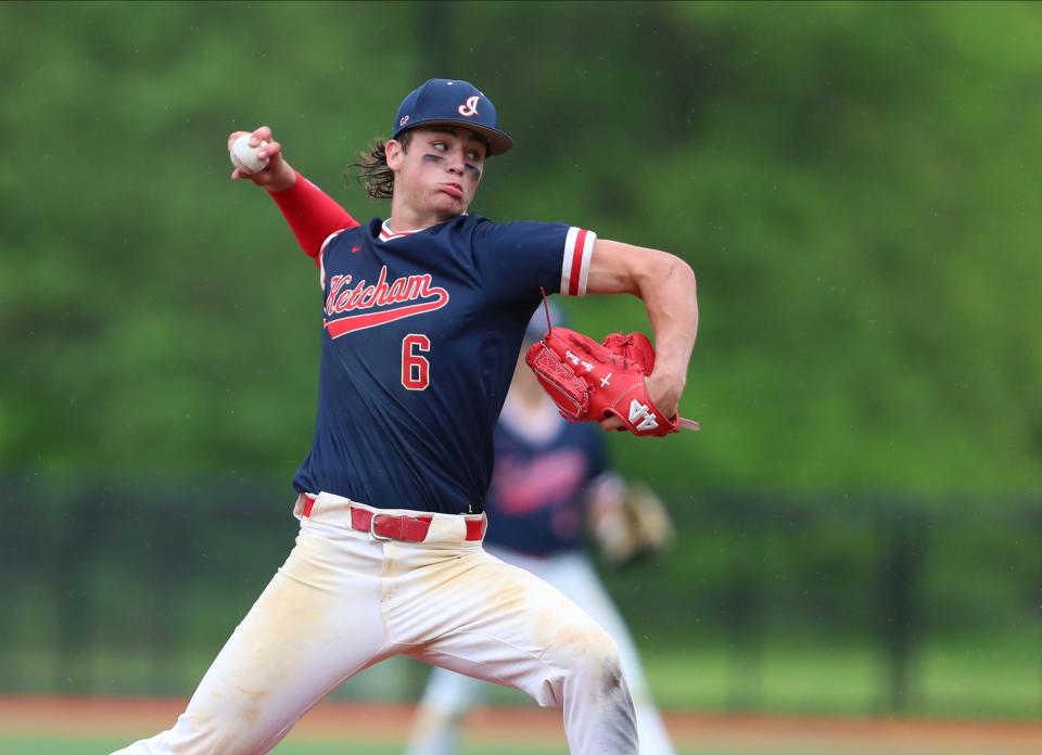 Ketchem pitcher Owen Paino (6) delivers a pitch during their 5-3 win over Arlington in the Class AA baseball championship game at Purchase College in Purchase, on Saturday, May 28, 2022.