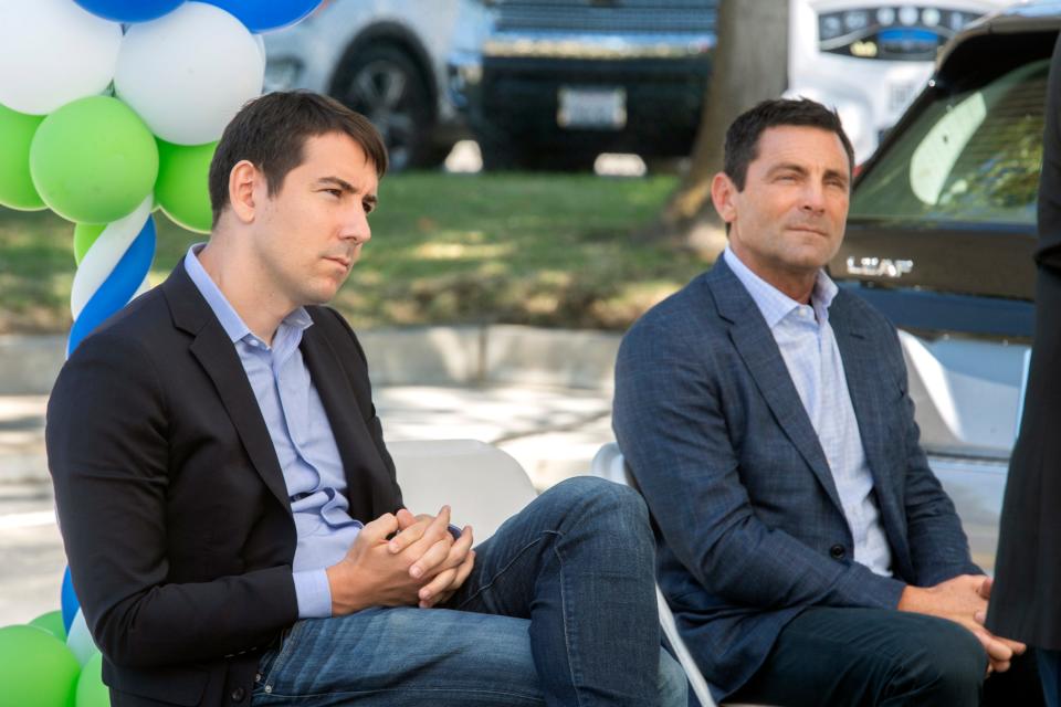 U.S. Congressman Josh Harder, left, and San Joaquin County supervisor Tom Patti attend the E-Carshare preview event at Conway Homes in south Stockton on Thursday, August, 25, 2022. 