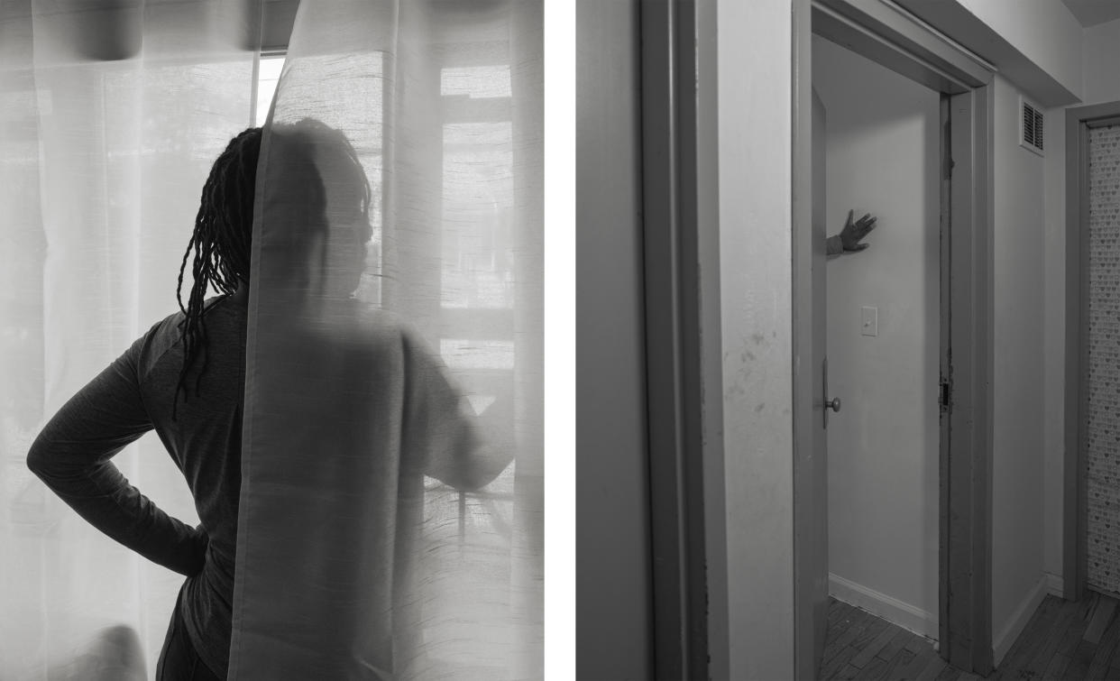 Left - Ronisha Ferguson looking out her window. Right - Ronisha Ferguson's hand on the wall at her front door. (Stephanie Mei-Ling for NBC News and ProPublica)