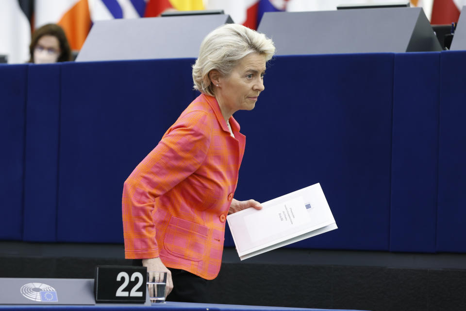 European Commission President Ursula von der Leyen leaves after delivering her speech at the European Parliament during the presentation of the program of activities of the Czech Republic's EU presidency, Wednesday, July 6, 2022 in Strasbourg, eastern France. The European Union's Commission chief Ursula von der Leyen said that the 27-nation bloc needs to emergency plans to prepare for a complete cut-off Russia gas in the wake of the Kremlin's war in Ukraine. (AP Photo/Jean-Francois Badias)