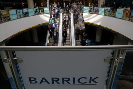 FILE PHOTO: The logo of sponsor Barrick Gold Corporation is seen as visitors arrive during the PDAC convention in Toronto