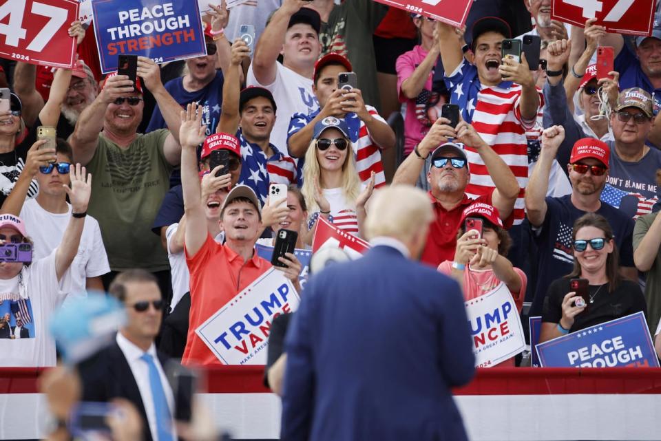 Victory seemed assured here for Donald Trump until Joe Biden left the race. Now he's forced to play defence, with stops here like the one seen above in Asheboro last month.   